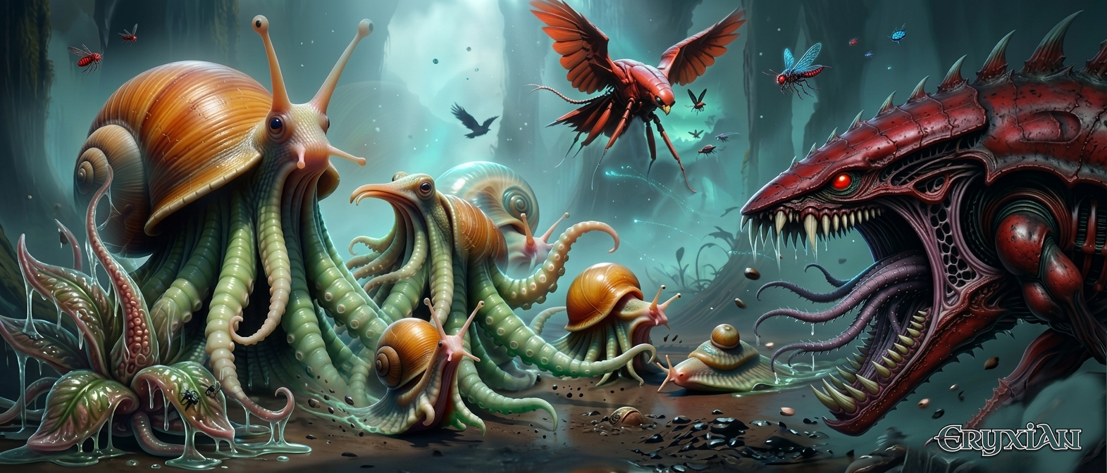 Eryxian ecosystem illustration, featuring xenohyena ripper and gastropoid swarm, illustration by Daniel Sandner.