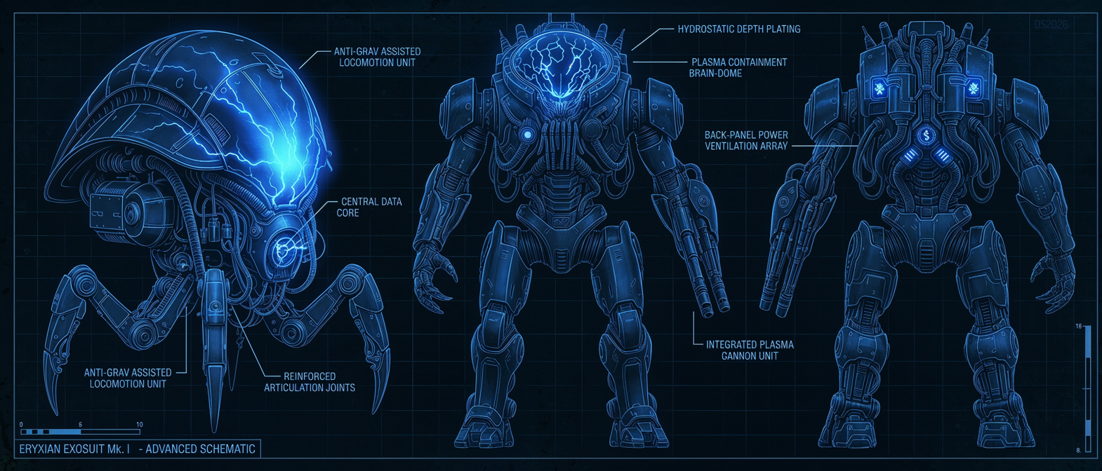 Eryxian cyborg exosuit design for Eryxian TTRPG, blueprint illustration.