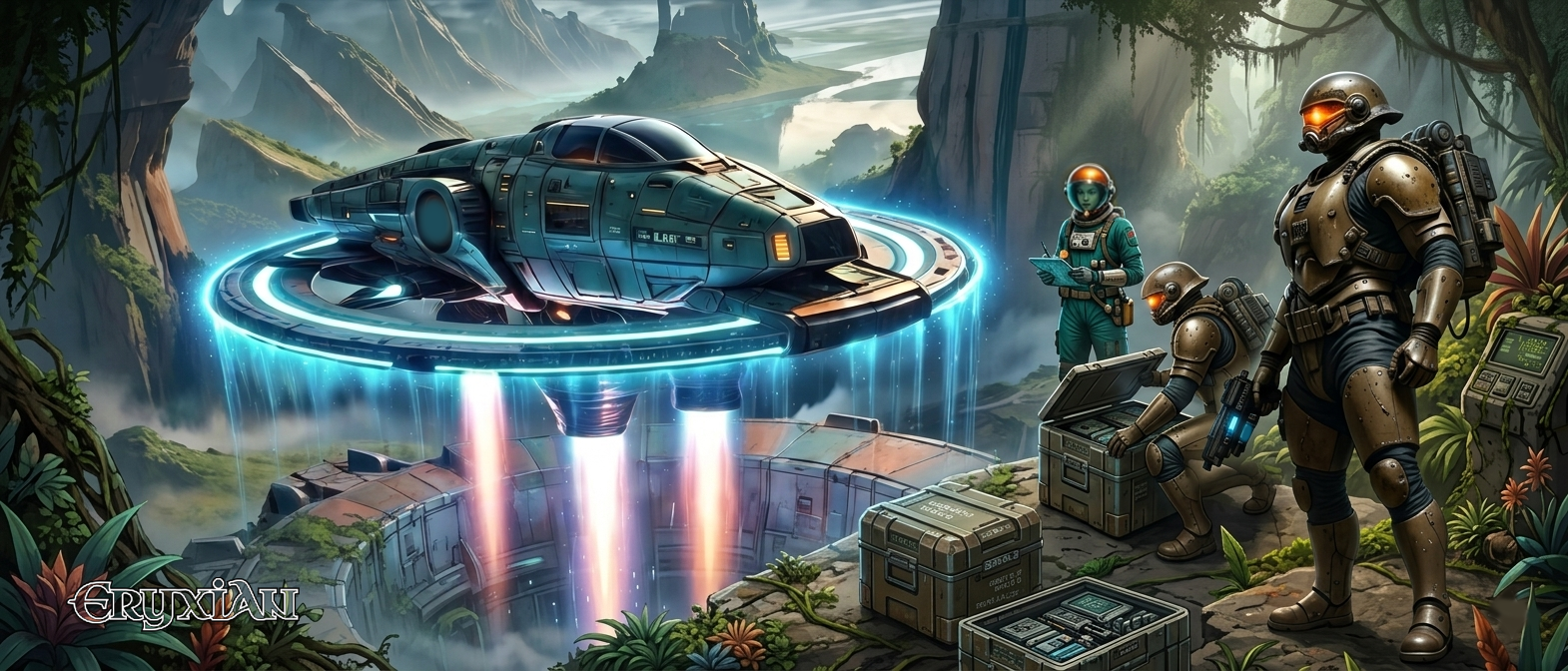 Dropship with supplies is taking off from jungle planet Eryxia